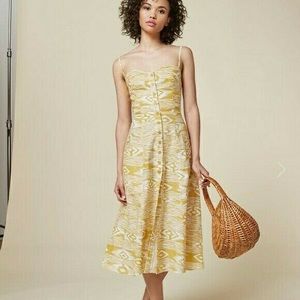 Reformation Canon Linen Button Thru Midi Dress, yellow & white, size 6